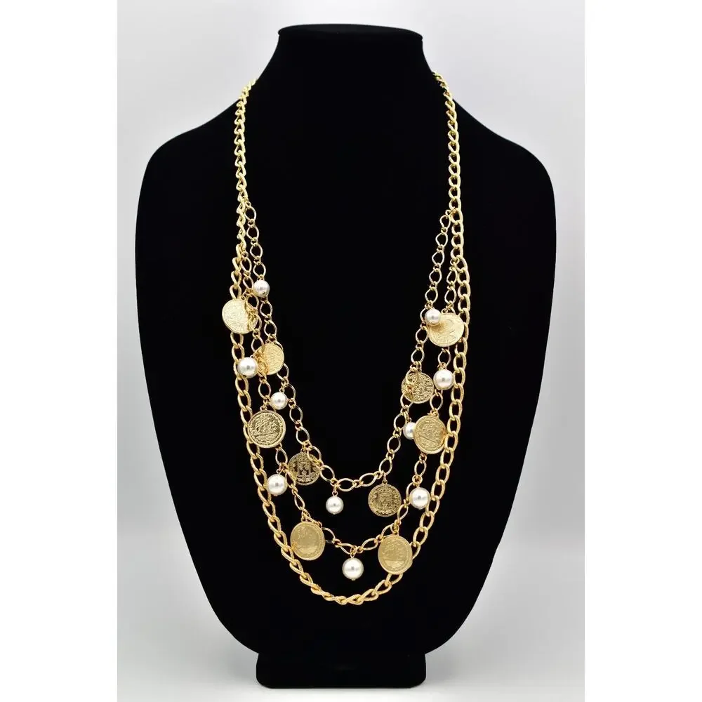 Vintage Coin Multi-Chain Charm Necklace Pearl Chunky Gold Bold 80s 1980s BinBJ